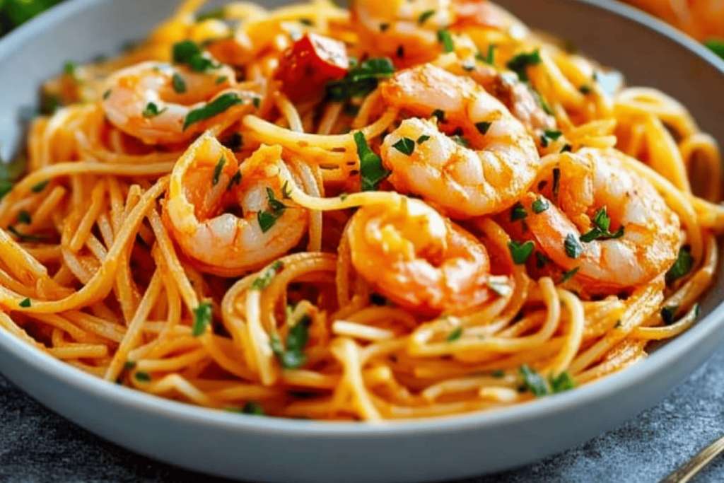 Dieses Gericht kombiniert zarte Garnelen mit einer cremigen Soße und Pasta für ein unvergessliches Geschmackserlebnis.