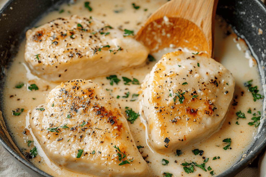 Saftige Hähnchenbrust mit einer cremigen Knoblauch-Parmesan-Sauce für einen köstlichen Abendessen.
