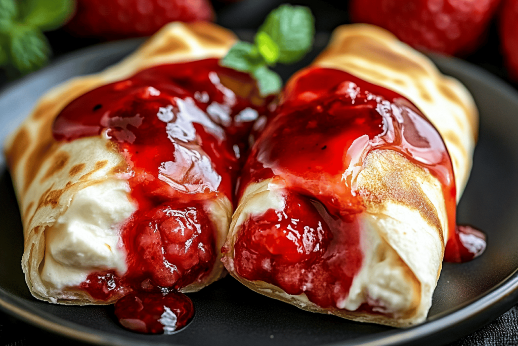 Eine köstliche Mischung aus Cheesecake und frischen Erdbeeren in knuspriger Tortilla.