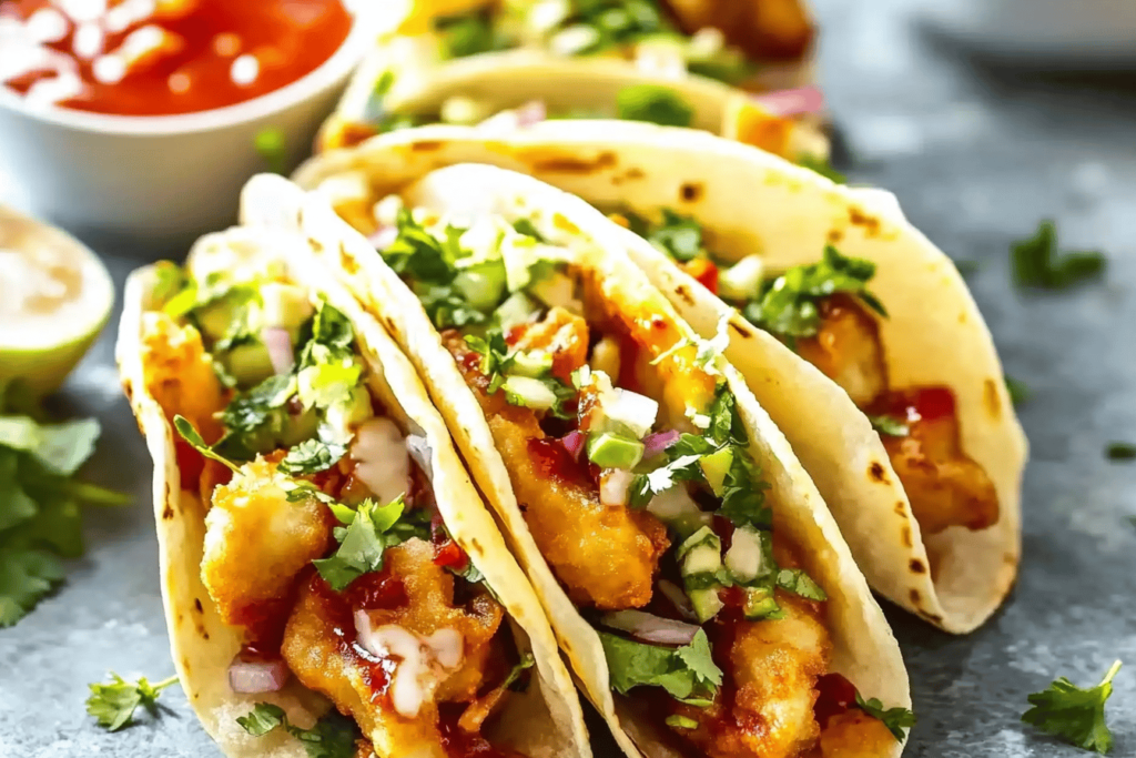 Diese köstlichen Tacos sind mit zartem Hähnchen und knackigem Slaw gefüllt.