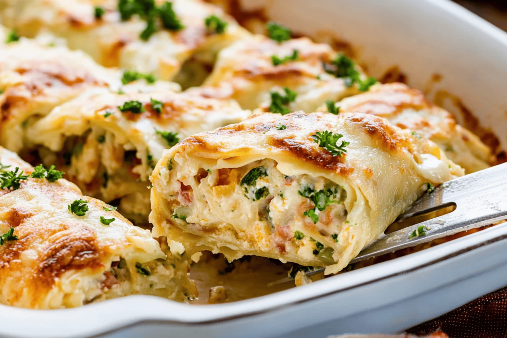 Genießen Sie diese köstlichen Roll-Ups aus Hühnchen und Brokkoli in cremiger Alfredo-Sauce.