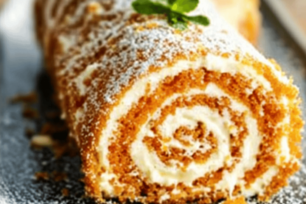 Genießen Sie einen köstlichen Karottenkuchen-Rollen mit einer cremigen Frischkäsefüllung, perfekt für jeden Anlass.