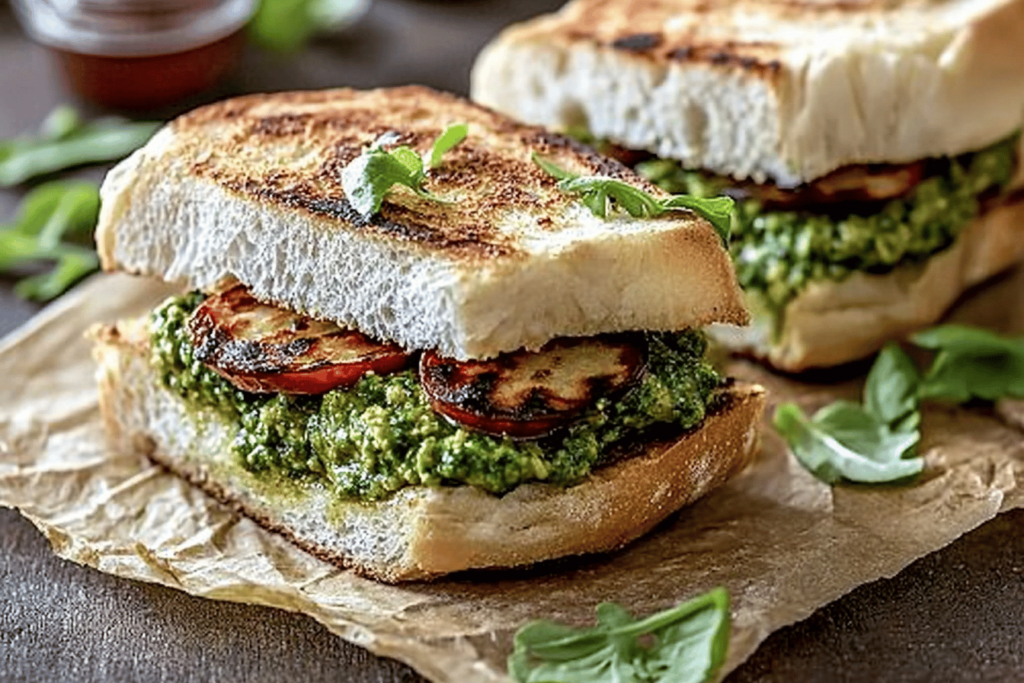 Dieses Pesto-Hähnchen-Sandwich ist der perfekte Snack für leckere Mittagspausen.