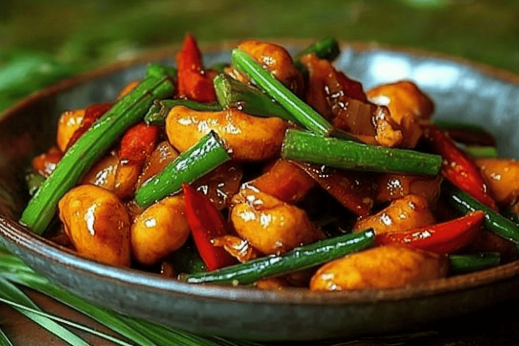 Entdecken Sie ein herzhaftes Rezept für Thai-Hühnchen-Pfanne mit knusprigen Bohnen.